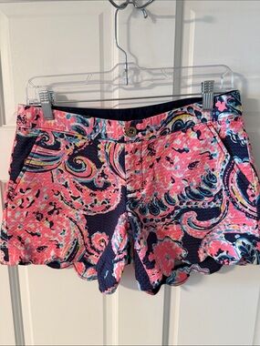 Lilly Pulitzer The Buttercup Scalloped Hem Shorts Pink Navy Paisley Seersucker 2